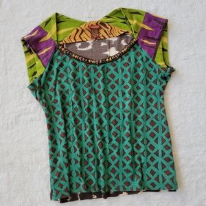 Julie G Top Beaded Neck Tee Green Brown Mixed Media Patchwork Cap Sleeve Tee M